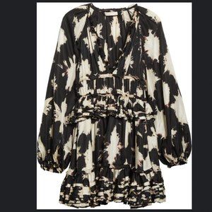 Emery Blouson-Sleeve Shibori Silk Mini Dress Black